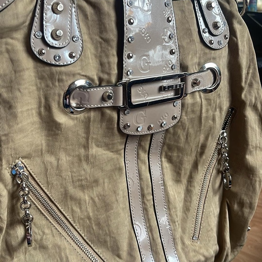 Beige Designer Handbag with Silver Accents